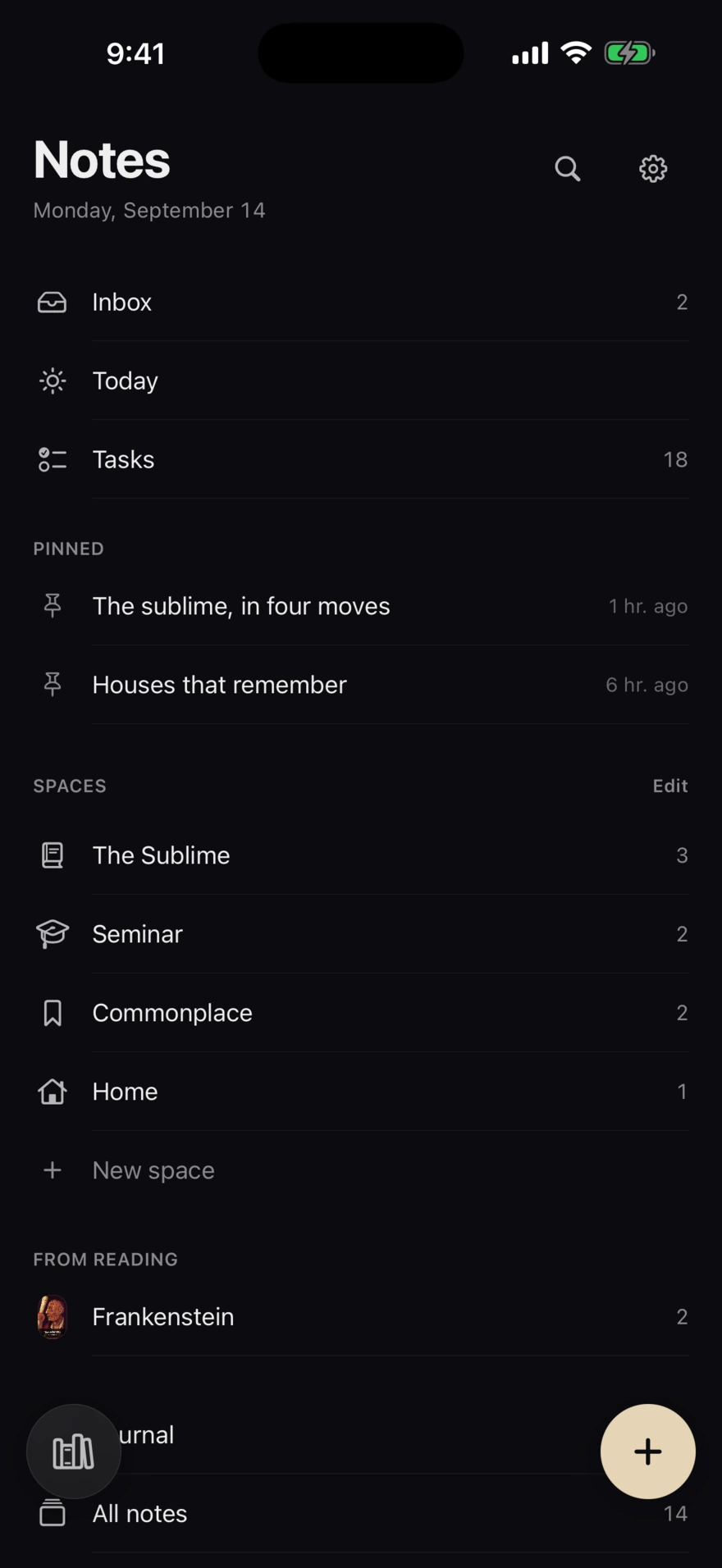 The Notes desk in diple, with Inbox, Today, Tasks, pinned notes and spaces
