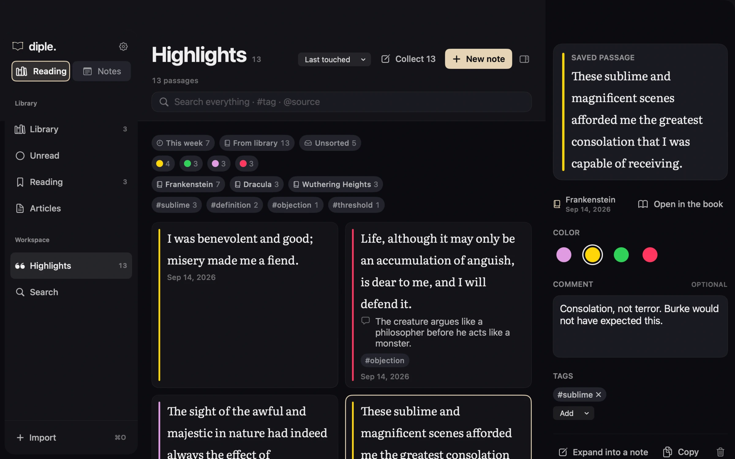 The Highlights place in diple on macOS with a saved passage open in the inspector