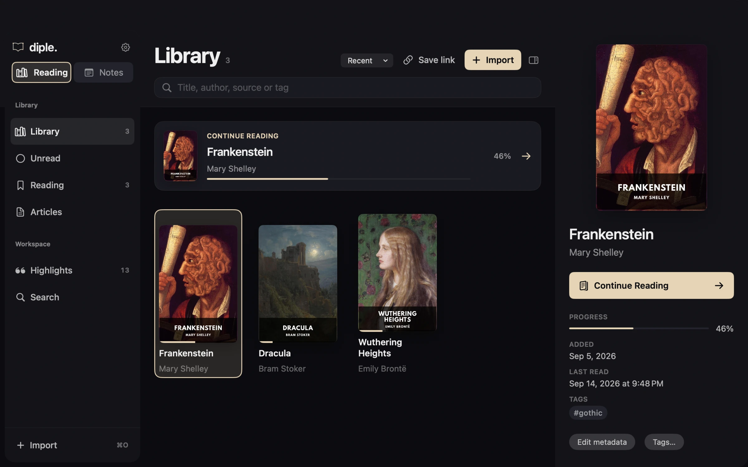 The library in diple on macOS with Frankenstein, Dracula and Wuthering Heights