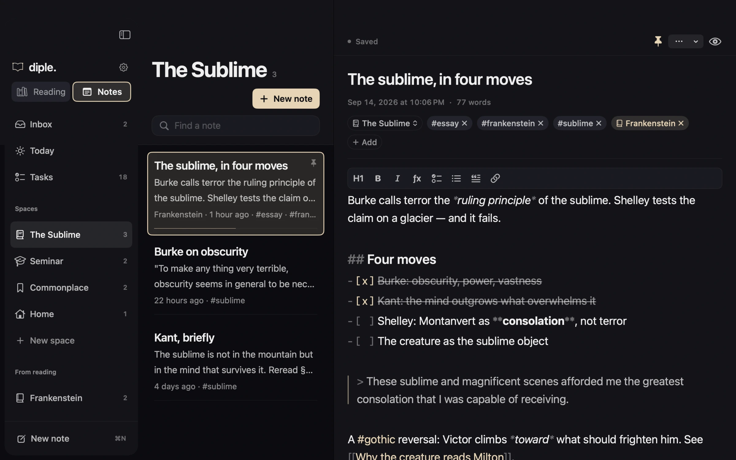 diple on macOS: spaces, the note list and the page open side by side
