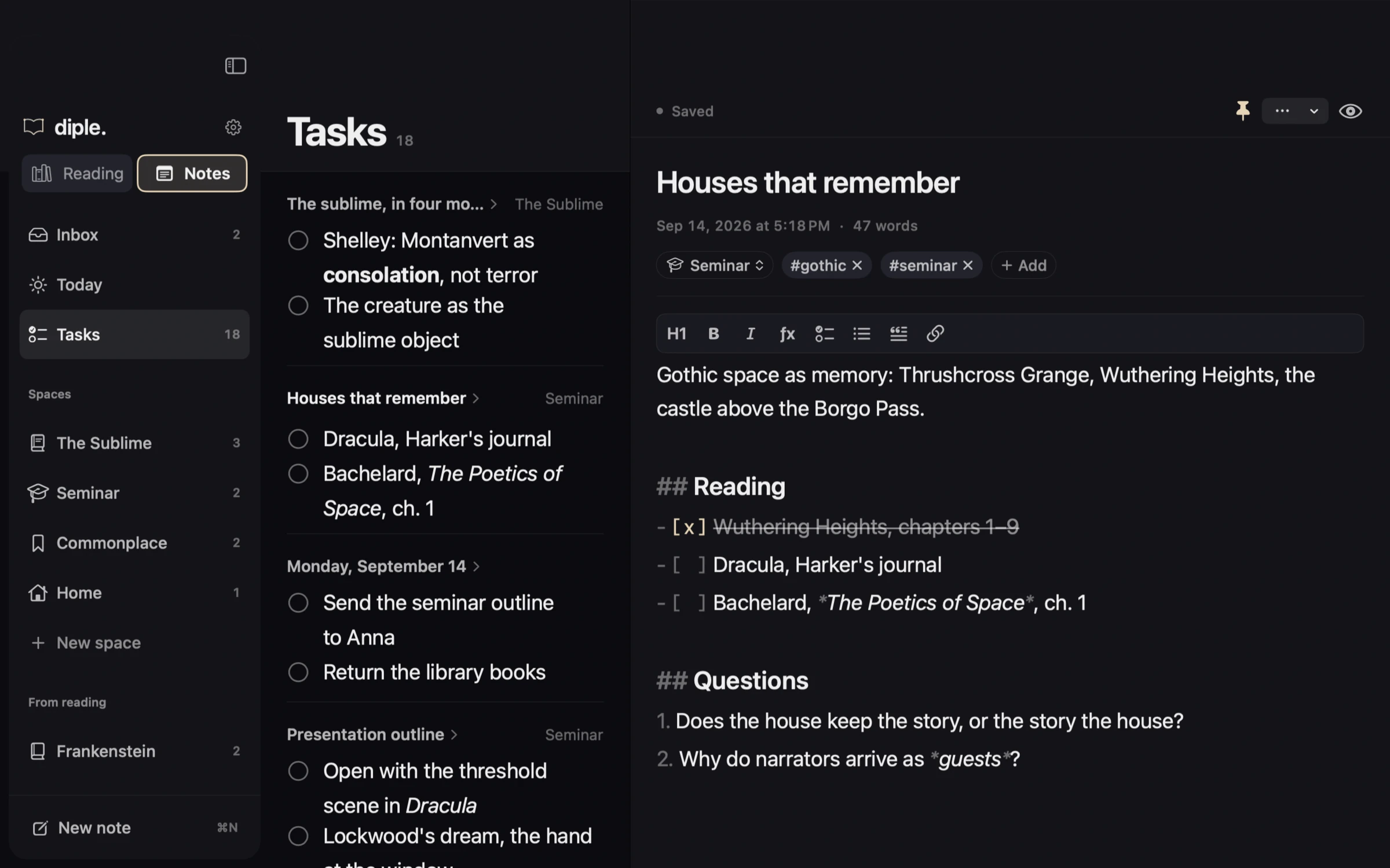 The Tasks list in diple on macOS, gathered from every note