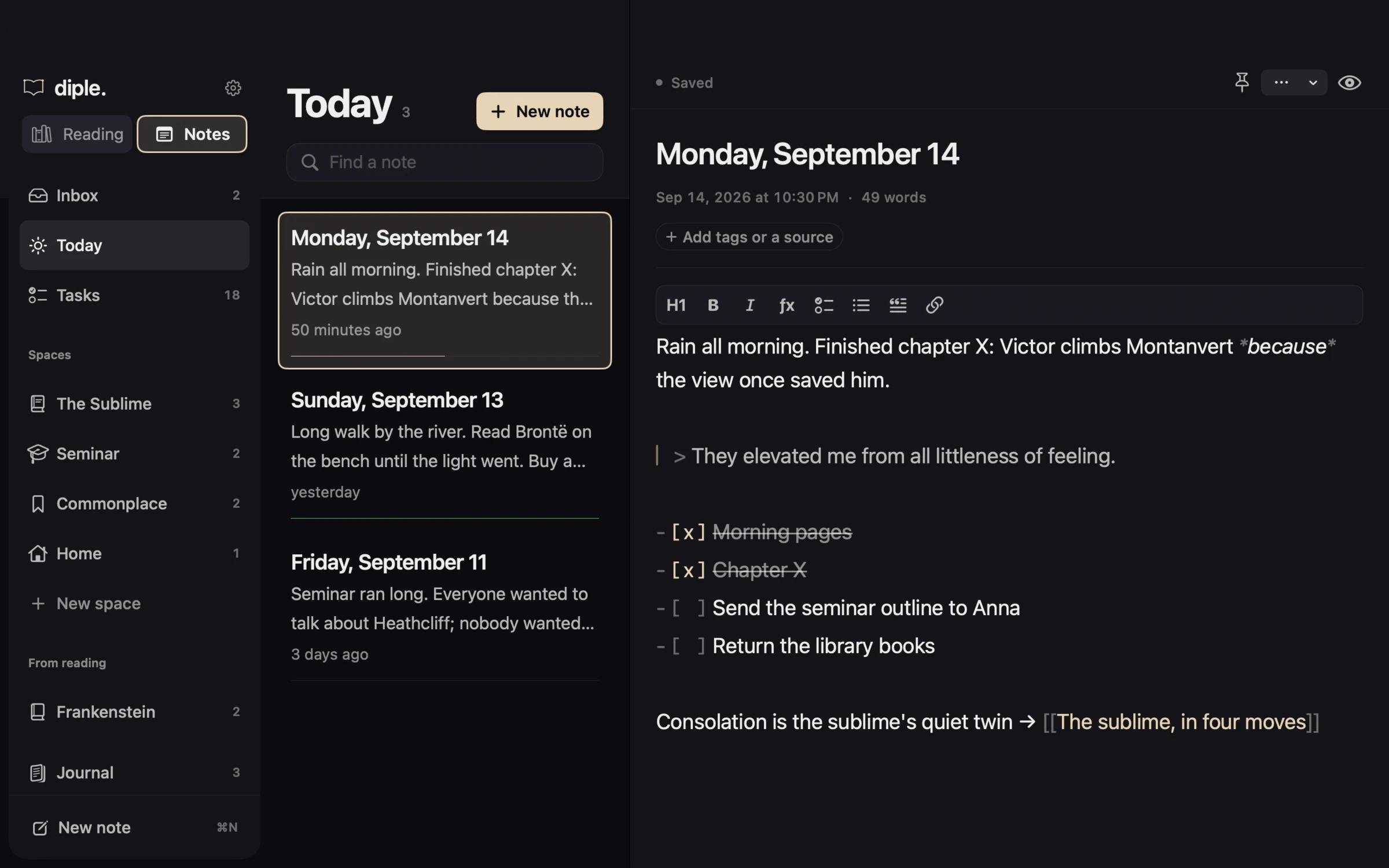 Today's page in diple on macOS, above the days before it