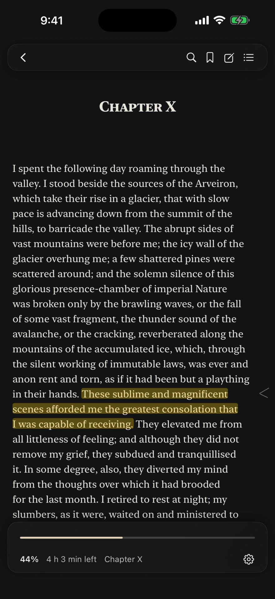 diple on iPhone, open at Chapter X of Frankenstein with the reader controls showing