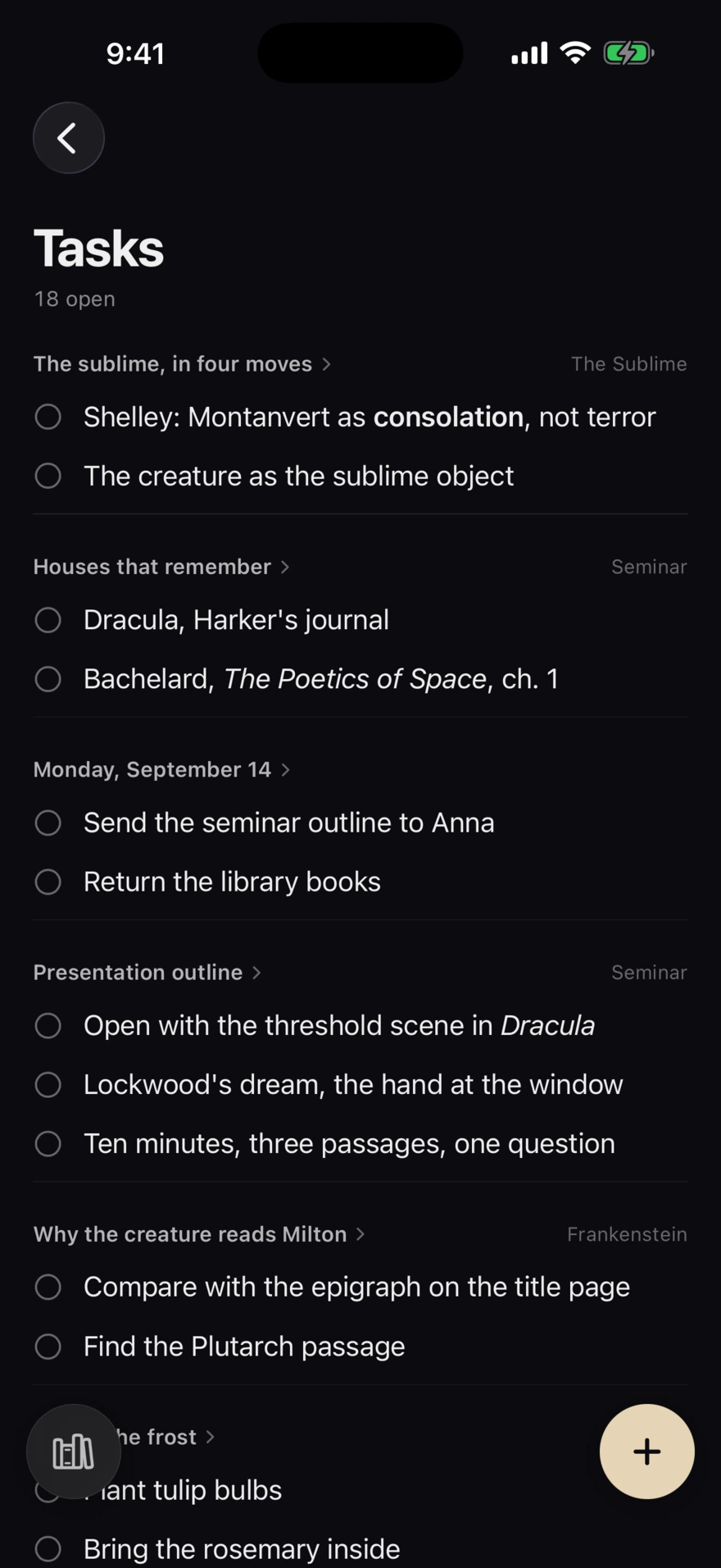 The Tasks list in diple, gathered from every note